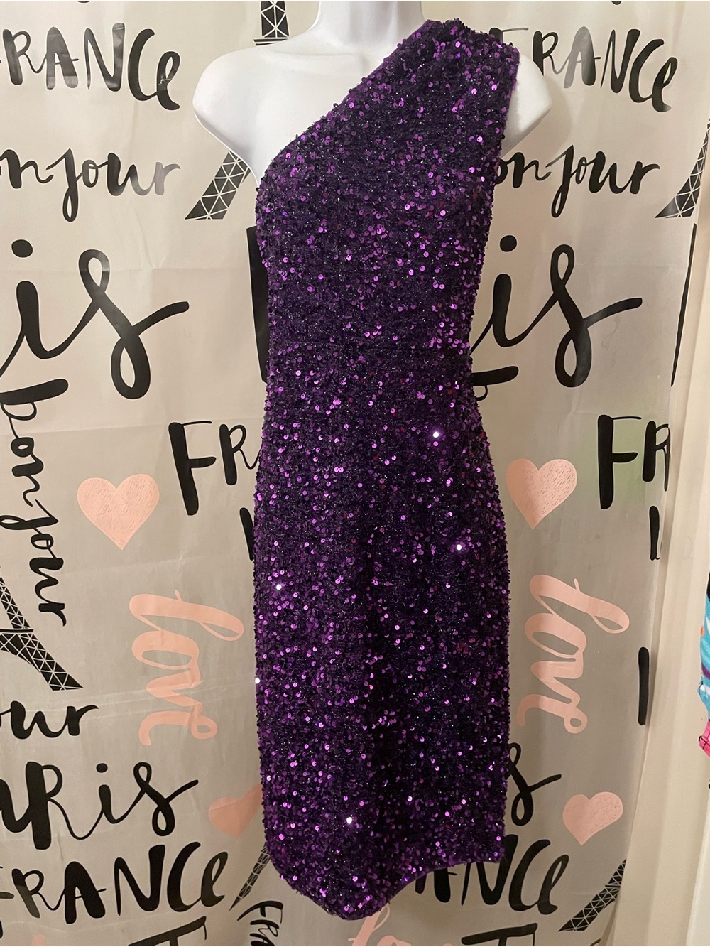 One-Shoulder Purple Sequin Cocktail Dress